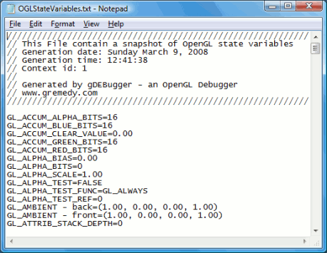 gDEBugger - OpenGL State variables snapshot file